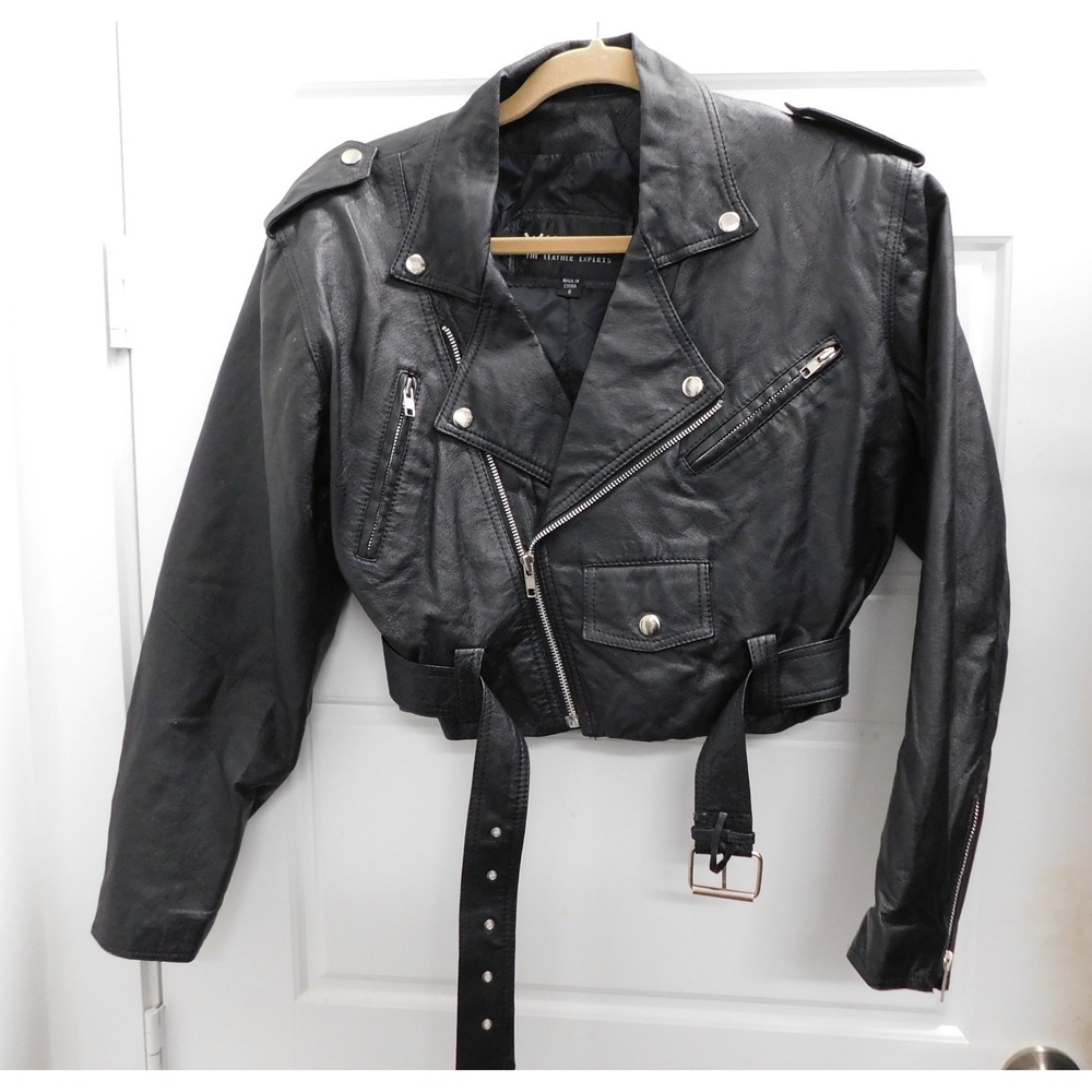 Wilsons Black Leather Biker Motorcycle Jacket Zip Belted Women sz S